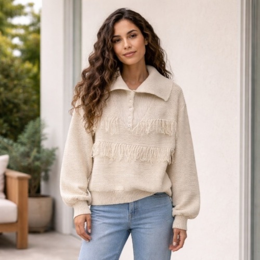 POL Cream Fringe Knit Henley Sweater Long Sleeve Cozy Pullover Medium